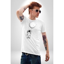 Astronot Ay Balon Unisex Unisex Beyaz Organik Baskılı T-shirt Penye Yüksek Kalite Beyaz