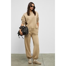 Ethıquet Carıca Kadın Organik Pamuklu İçi Polarlı Oversize Fit Bel Ve Paça Lastikli Kordonlu Bej Alt