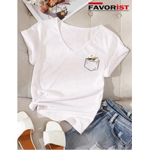 Tarzsokak V Yaka Basic Çiçek Baskılı Pamuklu Tshirt Normal Beyaz