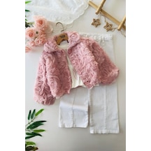 Miniğimin Cicileri Gül Dokulu Ceketli Beyaz Pantolonlu Kız Çocuk 3 Lü Takım - Pembe Pembe
