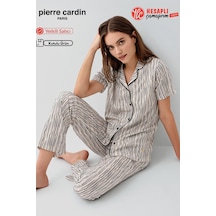 Pierre Cardin Paris Premium Kadın Modal Pamuklu Önden Düğmeli Rahat Kalıp Kısa Kol Pijama Takım ekru