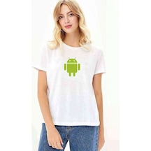 Android Logo Baskılı Beyaz Kadın Tshirt