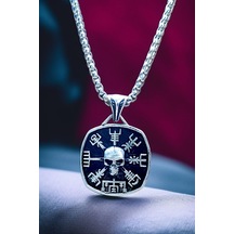 Gümüş Kaplama K-142 Paslanmaz Kromix Erkek Madalyon İskandinav Viking Vegvisir Koruma Sembolleri Gri