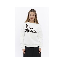 Kadife Kuş Desenli Şardonlu İçi Polarlı Ekru Regular Fit Bisiklet Yaka Kadın Sweatshirt Ekru