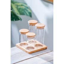 Malibu Bambu Standlı 4 Lü Cam Baharatlık Seti Şeffaf