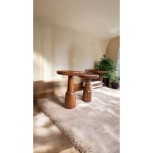 Kestane Renk Doğal Masif Yan Sehpa 2 Li Ahşap Zigon Ve Fiskos