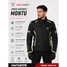 Motokit Crazybull Matador Neon Sarı Erkek 4 Mevsim 3 Katmanlı Korumalı Reflektörlü Motosiklet Montu