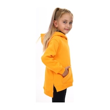 Toontoy Kız Çocuk Oversize Kapüşonlu Cepli Nakış Baskılı Yırtmaçlı Sweatshirt - 3 İplik Şardonlu Hardal