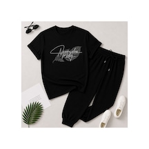 Herkesemoda Minimal Leaf Desenli T-shirt Eşofman Takımı Siyah