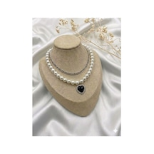 Lunarie Vintage Gümüş İnci Siyah Kalp Katmanlı Kolye