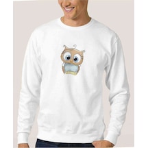 Kahverengi Baykuş Illüstrasyon Baskılı Beyaz Erkek Sweatshirt (534636381)