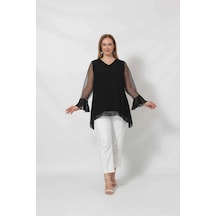 1939-5s Siyah Kolu Puantiye Dantelli Şifon Şık Bluz Siyah