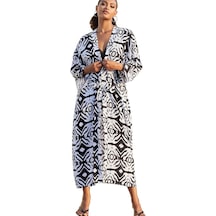 Yucama Kadın Bohem Uzun Hırka Elbise Büyük Beden Kimono Plaj Mayo Örtbas - Siyah Beyaz