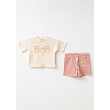 Haribo Lisanslı Fiyonk Aplikeli T-shirt Şort Takım Pudra