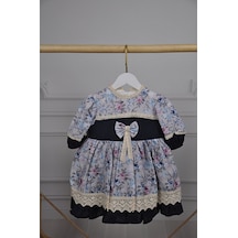 Dantelliçıtır Çiçek Desenli Vintage Elbise Mavi