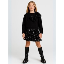 Kız Çocuk Dalgıç Kumaş Pullu Sweatshirt-16128 Siyah