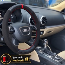 Audi A5 8t Dikme Direksiyon Kılıfı Alcantara Süet Mat Karbon Kırmızı Yüzük Ve Dikiş 2012-2016