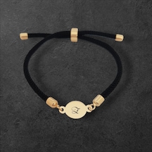 Z Harfine Özel İpek Örgülü 14 Ayar Altın Plakalı Oval Motifli Hediye Bileklik-320harf-siyah Altın