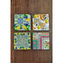 Doğal Taş Bardak Altlığı 4'lü Set - Limon Ağacı Desenli Taş Bardak Altı - Stone Coasters Çok Renkli