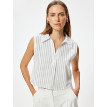 Koton Crop Kolsuz Gömlek Pamuklu Bol Kalıp Beyaz Çizgili 4sak60432pw Beyaz