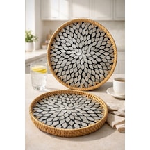 Morponi 2'li El Yapımı Doğal Rattan Tepsi Sedef Desenli Yuvarlak Sunum Tepsisi 30-33 Cm Siyah Kahverengi