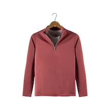 Erkek Kırmızı Yarım Fermuarlı Basic Düz Sweatshirt Kırmızı