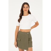 U.S. Polo Assn. Kadın Ekru Bisiklet Yaka Crop Tişört 50281813-VR019