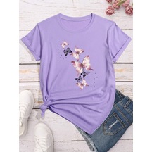 Flood Of Style Kadın Lila Uçuşan Kelebekler Baskılı Oversize T-shirt Mor