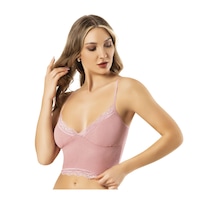 Lusistore Crop Bluz Takım Askılı Dantelli Pedli Büstiyer Bralet %95 Pamuk Ten