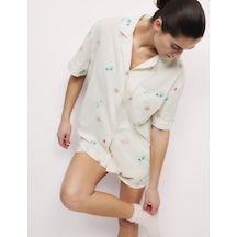 Marks & Spencer Saf Pamuklu Nakışlı Kısa Pijama Takımı T37002146J Krem