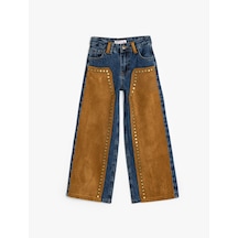 Koton Süet Detaylı Kot Pantolon Geniş Paça Zımbalı Cepli Pamuklu - Wide Leg Jean Koyu İndigo 5wkg40109ad Koyu İndigo