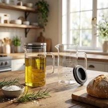 2'li Set Paslanmaz Çelik Kapaklı Borosilikat Cam Yağdanlık Ve Ölçü Kabı - 350ml - Isıya Dayanık