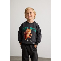Defacto %100 Pamuk Oversize Kaplan Baskılı Ve Yazılı Uzun Kollu Sweatshirt Erkek Bebek I3806a526wnar202 Antrasit-ar202
