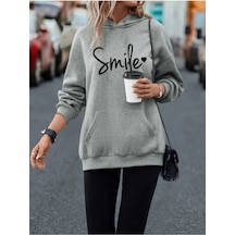 Smile Sweatshirt - Gri Baskılı Oversize Kapüşonlu Gri