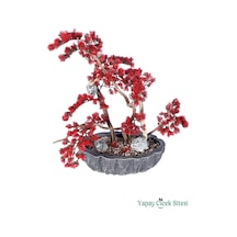 Yapay Çiçek Sitesi Fiber Saksılı Premium Yapay Kuşlu Bonsai Ağaç Kırmızı 70 Cm Yeşil