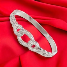 Modern Zirkon Taşlı Çelik Kelepçe Bileklik - Kararmaz Gold Kaplama Gümüş