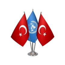 Masa Üstü Birleşmiş Milletler Bayrağı Türk Bayrağı Üçlü Krom Dire