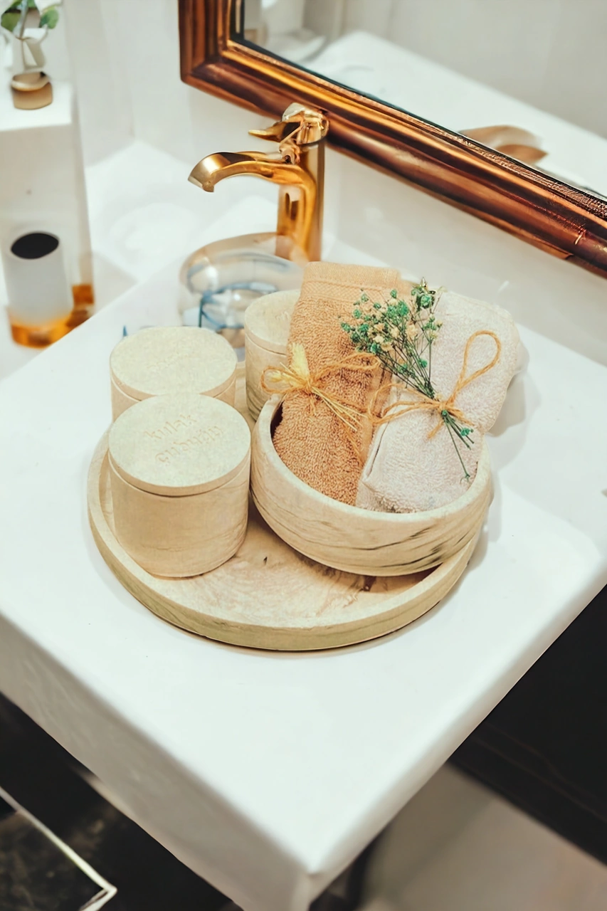 Marble Serisi Bej Havluluk Ve Organizerli Beton Banyo Seti Gri
