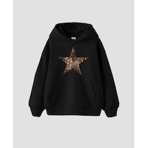 Hunors Sportswear & Company Leopar Yıldız Baskılı Unisex Model Pamuklu Kapüşonlu Sweatshirt SIYAH