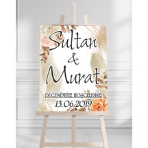 Söz Nişan Düğün İçin 50x70 Karşılama Panosu - Şeftali Çiçek Desenli Beyaz