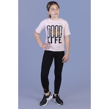 Toontoy Kids Toontoy Kız Çocuk 2'li Takım Baskılı Bisiklet Yaka T-shirt & Basic Düz Tayt Pudra