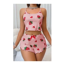 Çilek Desenli Crop Askılı Şort Yazlık Pijama Takımı Ryl - S-49 Beden: S-m Çok Renkli
