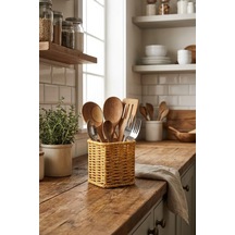 Kare Hasır Dokulu Plastik Rattan Kaşıklık Ve Çatallık, Askılı Kendiliğinden Tutmalı Çok Amaçlı Mutfak Organizeri, 10x10x14 Cm Çok Renkli