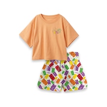 Haribo Lisanslı Geometrik Şortlu Kız Çocuk T-shirt Şort Takım Somon