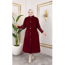 Hb Harma Time Butik Kadın Astarlı Angora Düğmeli Bordo Kaban