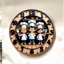 AA Shop Çocuk Aşçılar Kabartma Görünümlü Renkli Baskı Desenli Sayılı Hediyelik Ahşap Sessiz Duvar Saati 50cm ÇOk Renkli