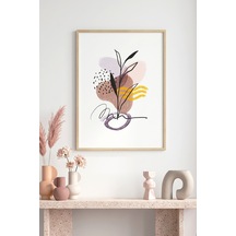 Doğal Ahşap Çerçeveli Soyut Bitki Desenli Tablo - Pastel Tonlar Huhu1057