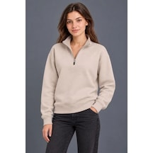 Üç İplik İçi Şardonlu Dik Yaka Yarım Fermuarlı Kışlık Sweatshirt - Bej
