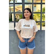 Taş Renk Best Baskı Ayıcık Desenli Unisex Oversize T-shirt Taş