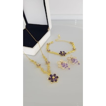 Mor Çiçek Gold Rengi Çelik Takı Seti Gümüş - Rose Gold